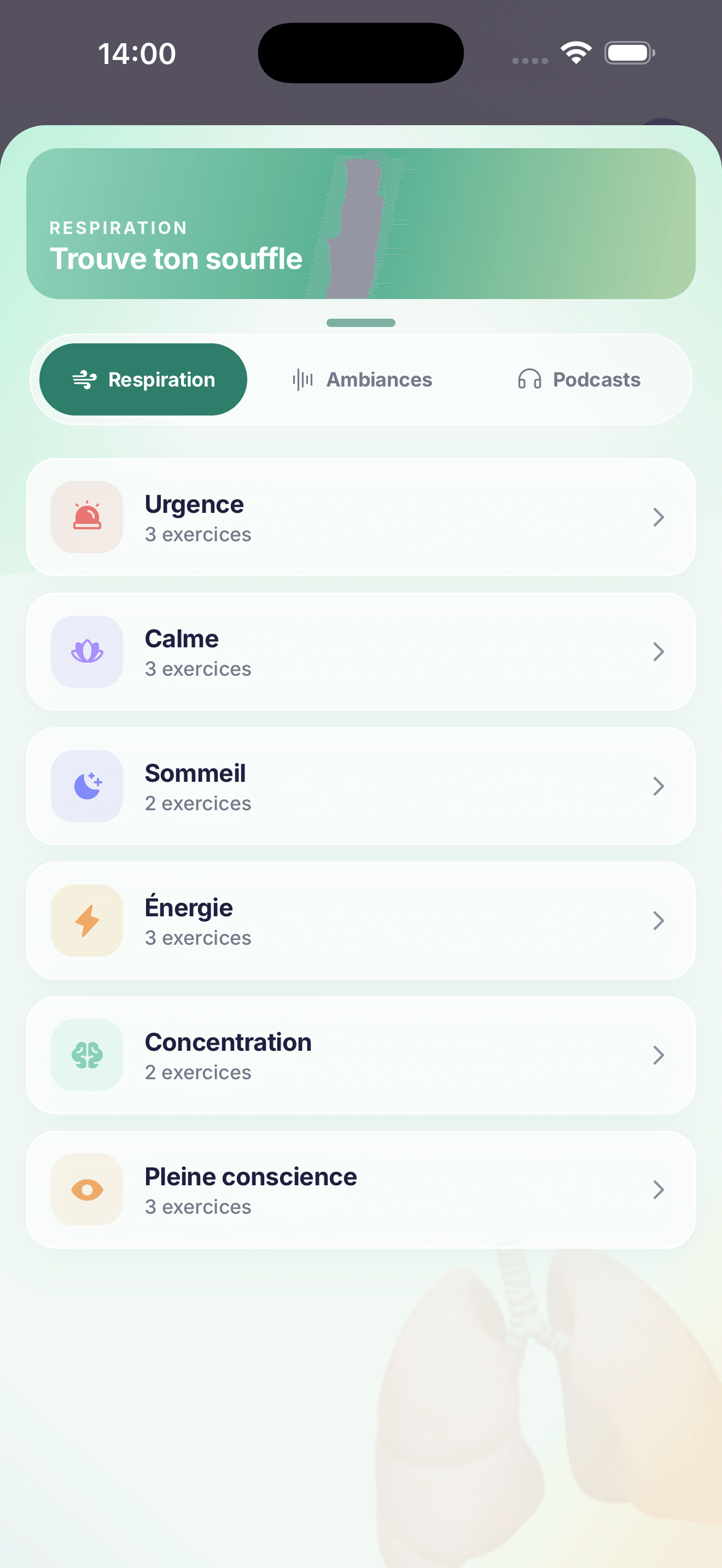Bien-être — exercices de respiration par catégorie